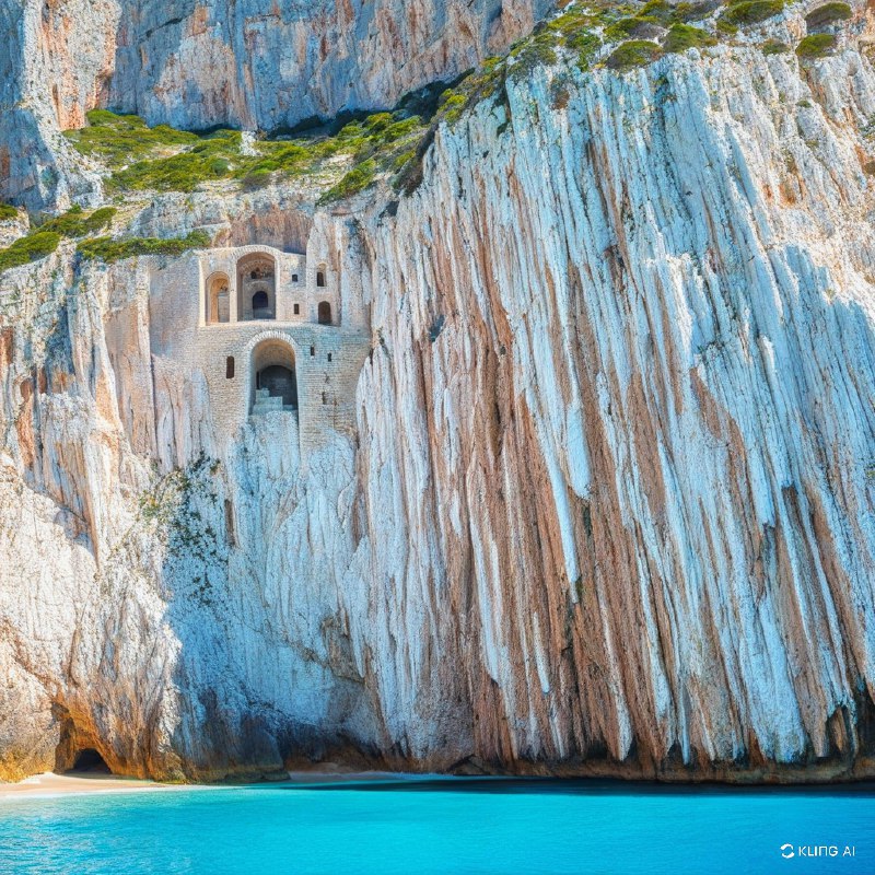 #Bing_Wallpaper“在意大利撒丁岛苏尔基斯-伊格莱西恩特地区的弗拉维亚港，一座雄伟的海岸悬崖展现出戏剧性的石灰岩峭壁，峭壁中镶嵌着一座神秘且古老的工业建筑，隐匿于巨大的白色与赭色石块之中