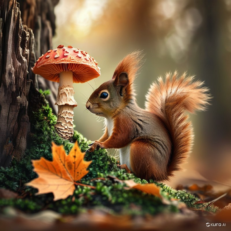 #Bing_Wallpaper一个充满奇幻氛围的秋日森林场景，一只好奇的欧亚红松鼠注视着一株高大、表面纹理丰富的毒蘑菇