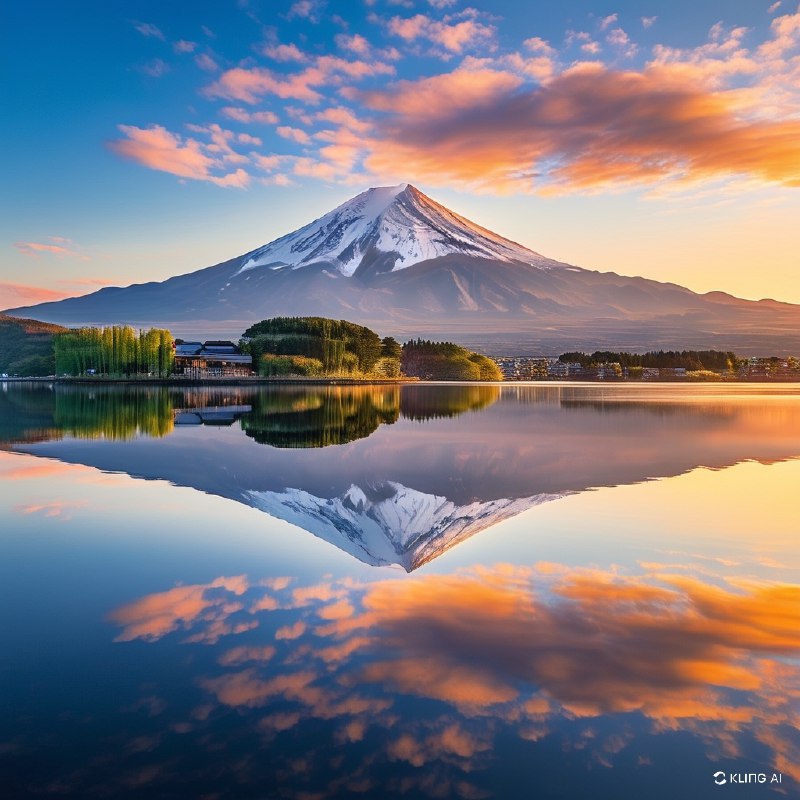 #Bing_Wallpaper旭日柔和的金色光芒洒在雄伟的富士山上，雪顶在温暖的光线中泛着光辉，完美地倒映在日本河口湖如镜的湖水中