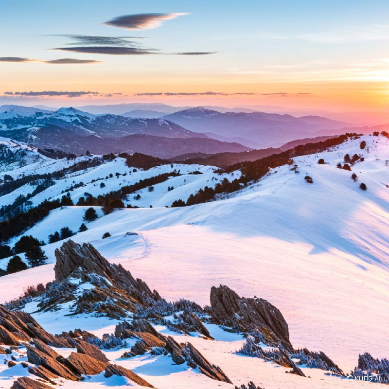 #Bing_Wallpaper壮丽的冬季景色展现在加泰罗尼亚比利牛斯山的科尔德阿雷斯，雪花点缀的起伏山丘与嶙峋的岩石露头映入眼帘