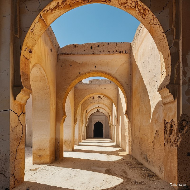 #Bing_Wallpaper"摩洛哥梅克内斯的赫里·埃斯瓦尼古拱门，是一条宏伟且饱经风霜的建筑长廊，沐浴在温暖的金色光辉中