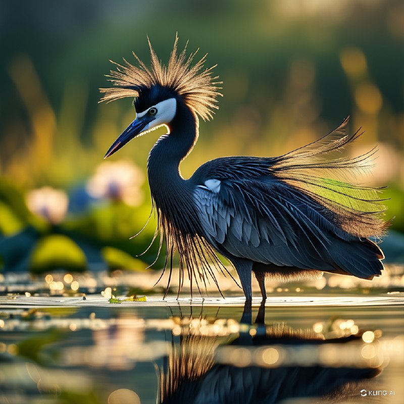 #Bing_Wallpaper一只黑鹭正在展示其标志性的“伞形觅食”技巧，深色的羽毛张开形成一个戏剧性的圆形伞状穹顶，几乎触及水面，营造出一种飘渺而富有层次感的拱形景观