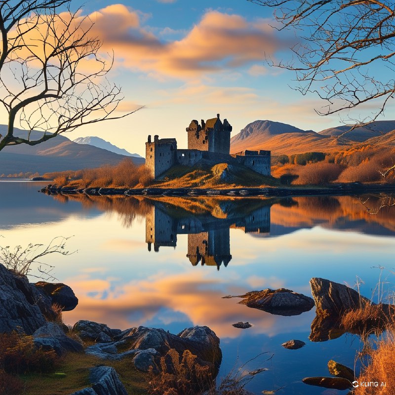 #Bing_Wallpaper古老的苏格兰城堡倒映在内斯湖平静的湖水中，座落于阿盖尔-比特郡境内