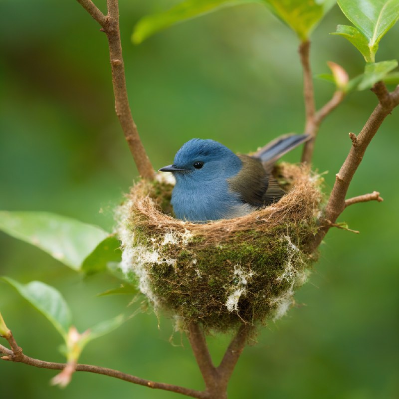 #Bing_Wallpaper“一个静谧温暖的场景，描绘了一只娇小的雌性黑枕王鹟正在两根纤细的树枝交叉处，专注地筑着她舒适的小巢