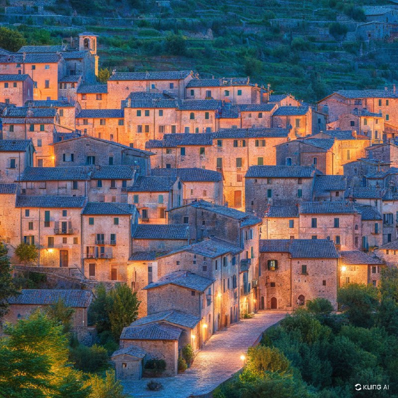 一个风景如画的意大利村庄坐落在山谷中，石头建筑充满乡村韵味，温暖的晚间灯光照亮了整个场景，鹅卵石小路蜿蜒穿过家家户户，周围是郁郁葱葱的绿色植物，宁静而富有历史气息，黄昏的天空