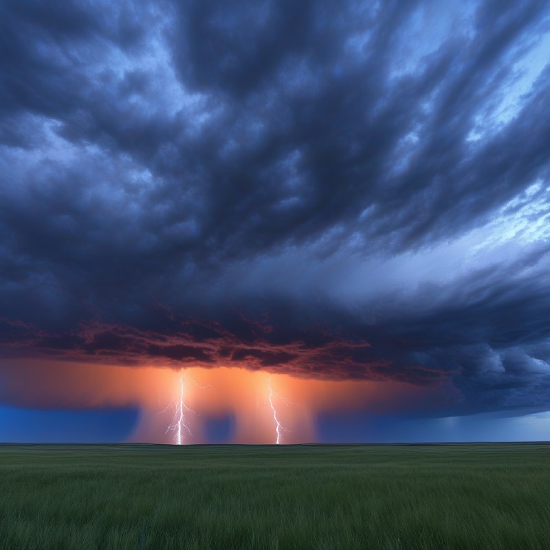 #Bing_Wallpaper“在日落时分，内布拉斯加州宽广的平原上，一场壮丽的雷暴正肆虐