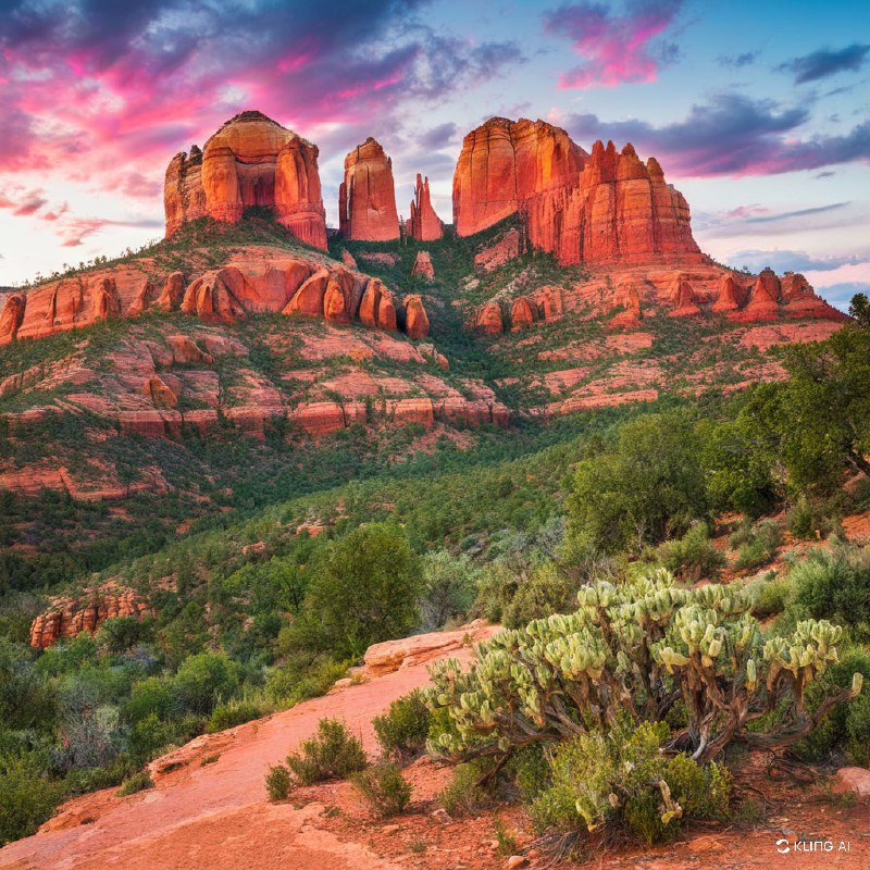 #Bing_Wallpaper“亚利桑那州塞多纳雄伟的红岩地貌，在一个充满活力的暮色天空下显得格外壮观，天空色彩迷离，紫色、粉色和蓝色交织，仿佛情感与能量的旋涡；崎岖的砂岩峭壁散发着温暖的琥珀色与深红色调，其间点缀着茂密的绿色沙漠植被；前景展现了沙漠植物的细节，包括鼠尾草和仙人掌，与土红色的地面形成鲜明对比；整个场景的鲜明宁静唤起一种神秘而超凡的氛围，画面以高度写实的高清风格呈现，巧妙平衡了戏剧性的光线与柔和的自然色彩