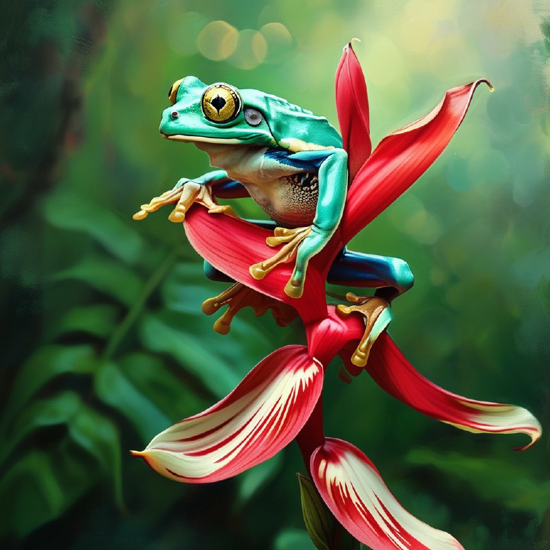 #Bing_Wallpaper一只充满活力的哥斯达黎加树蛙栖息在一朵鲜艳的红色螺旋姜花上，它那鲜亮的绿色身体和炯炯有神的金色眼睛散发着生机勃勃的光彩