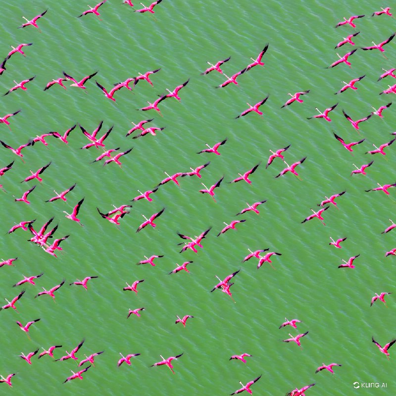 一群火烈鸟飞过一片绿色，鸟瞰，色彩鲜艳，动态，自然场景，户外野生动物摄影
