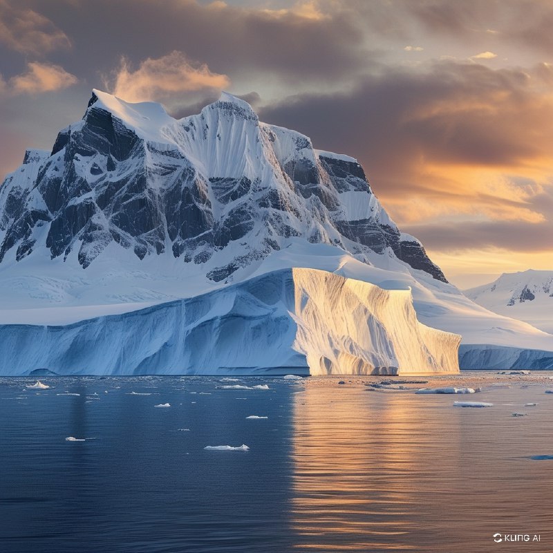 #Bing_Wallpaper雄伟的南极洲景观中，巨大的冰山静静地漂浮在平静的海面上，它们复杂的纹理在光线下熠熠生辉