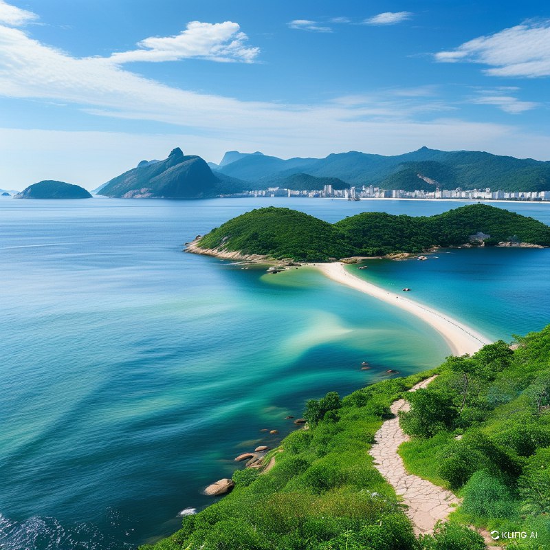 #Bing_Wallpaper自然奇观的蓝色魅力，巴西里约热内卢州的阿拉亚尔多卡博，广阔的海岸线与湛蓝的海水交汇，曲线优美的半岛环抱着明亮的海湾