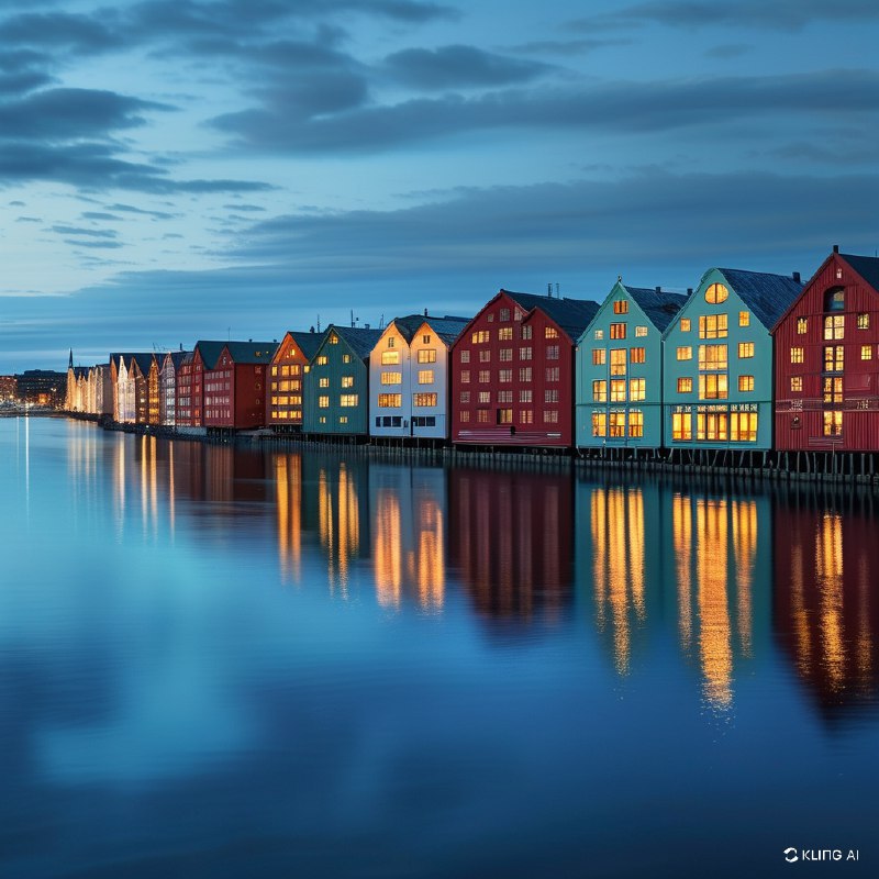 #Bing_Wallpaper“挪威特隆赫姆宁静的暮色，捕捉到‘蓝色时刻’笼罩下的静谧河畔景象