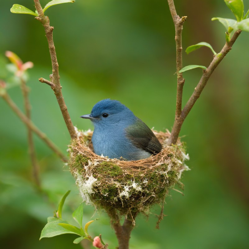 #Bing_Wallpaper“一个静谧温暖的场景，描绘了一只娇小的雌性黑枕王鹟正在两根纤细的树枝交叉处，专注地筑着她舒适的小巢