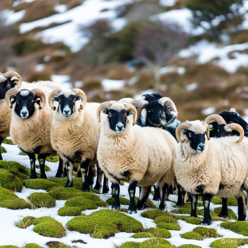 #Bing_Wallpaper一群宁静而威严的长角绵羊站立在新西兰的一处草地上，草地上零星点缀着白雪