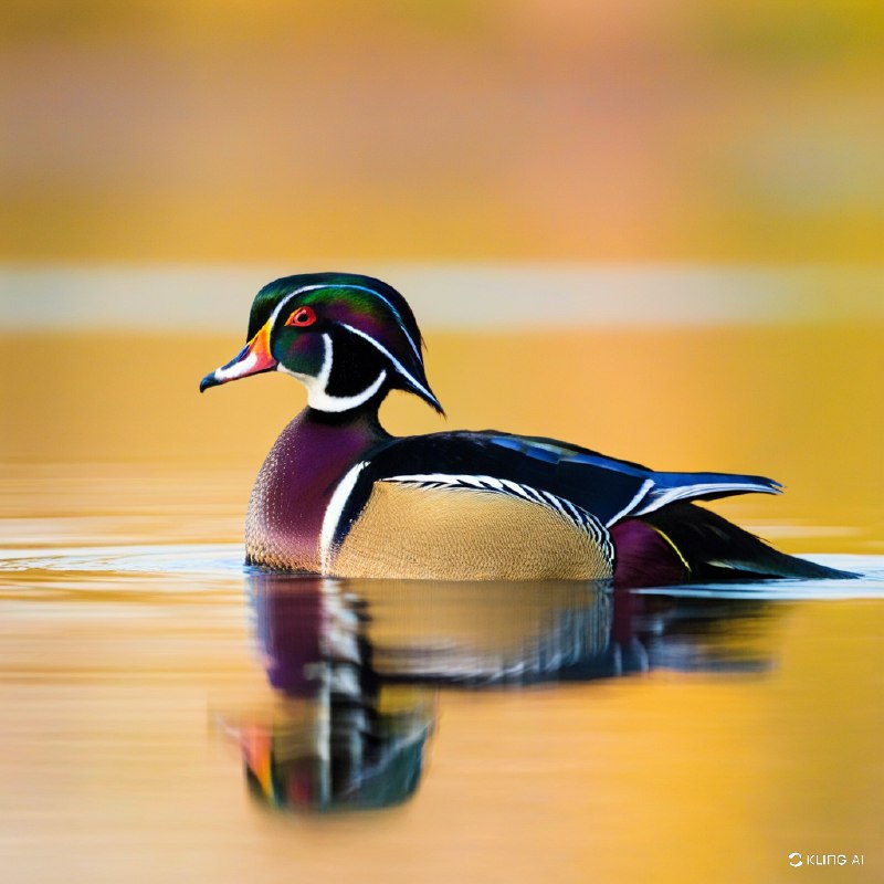 这是一幅宁静的风景画，一只色彩斑斓的雄性木鸭漂浮在平静的水面上，背景是温暖的金色，反映了加拿大魁北克秋季的自然之美