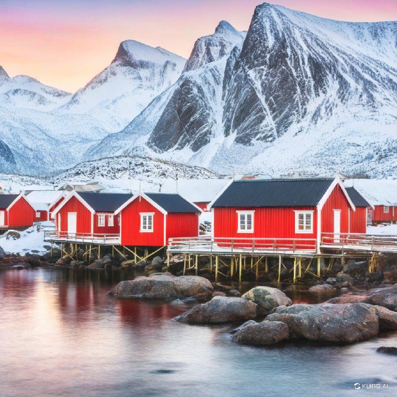 #Bing_Wallpaper鲜艳的红色渔民小屋坐落在挪威Reinefjord的岩石海岸上，背后是雪山覆盖的壮丽景色
