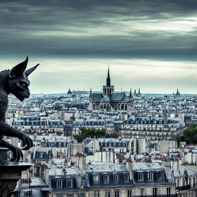 万圣节夜晚，一只阴冷不祥的石像鬼俯瞰着巴黎的屋顶，背景是巴黎圣母院大教堂