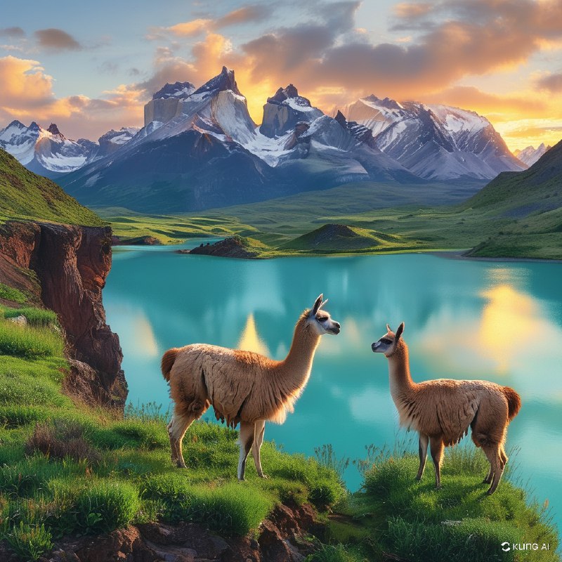 #Bing_Wallpaper"在智利托雷斯德尔潘恩国家公园日出时的壮丽全景，画面中有两只优雅的原驼栖息在草坪峭壁上