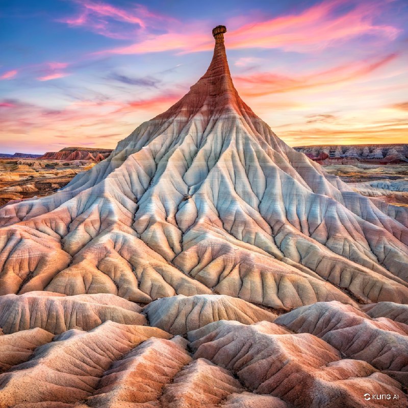 #Bing_Wallpaper“在日落时分，一个超现实的沙漠景观，位于西班牙纳瓦拉省的巴尔德纳斯雷亚莱斯自然公园，展现了标志性的卡斯蒂尔德蒂耶拉地貌