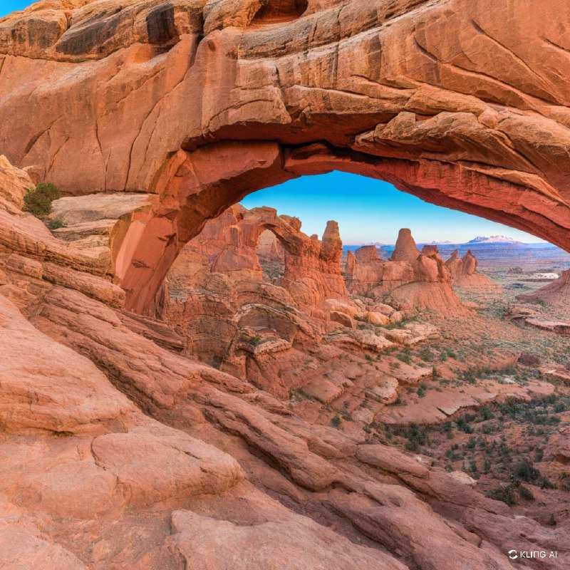 透过一个巨大的天然石拱门，远处的另一组拱门展现在眼前，令人叹为观止，这组拱门位于美国犹他州拱门国家公园内
