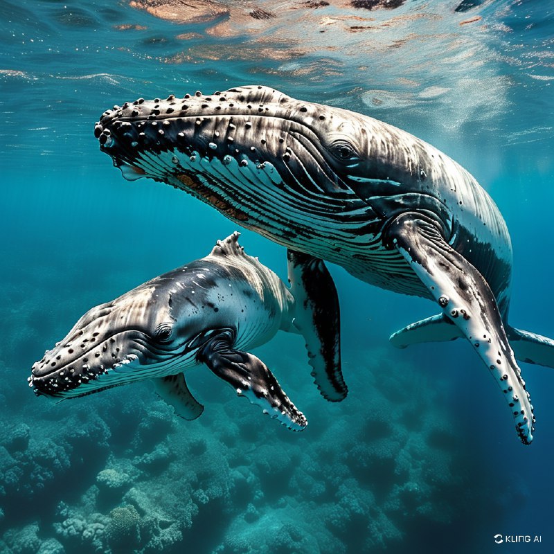 #Bing_Wallpaper在一幅超凡脱俗的水下场景中，一头庄严的座头鲸母亲与她活泼的小鲸鱼优雅地穿行于汤加附近清澈透亮的碧绿海水中