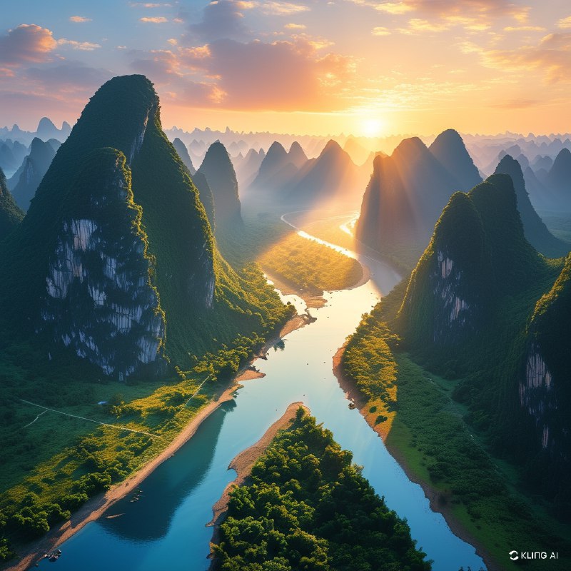 #Bing_Wallpaper沐浴在日出金色光辉中的壮丽喀斯特山峰，展现了中国桂林广西绿意盎然的绝美景观的震撼俯瞰图