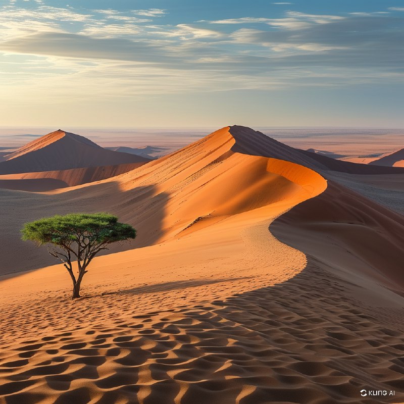 #Bing_Wallpaper纳米比亚纳米布沙漠中索苏斯维红沙丘那广袤而不断变幻的地平线，耸立的赤红与琥珀色沙丘在清晨的金色阳光中绽放光彩，长长的柔和阴影投射在地形起伏的沙面上