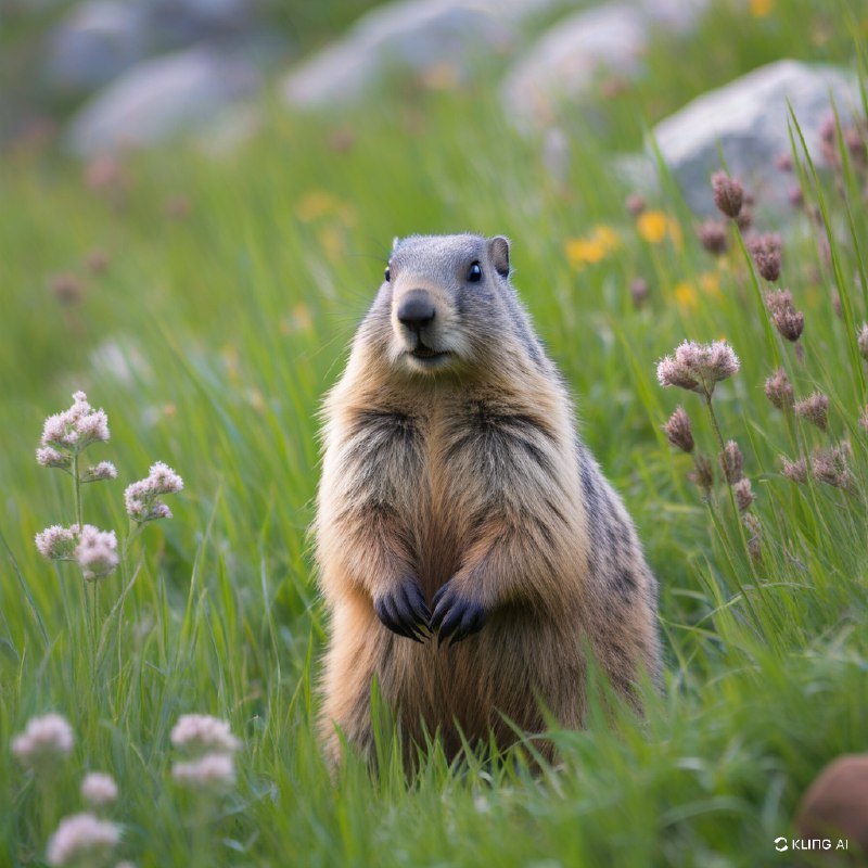 #Bing_Wallpaper一只好奇的年轻高山土拨鼠直立在一片郁郁葱葱的翠绿草地中，草地上点缀着野花和茂盛的高草，背景是柔和模糊的岩石露头和远处的绿色植被