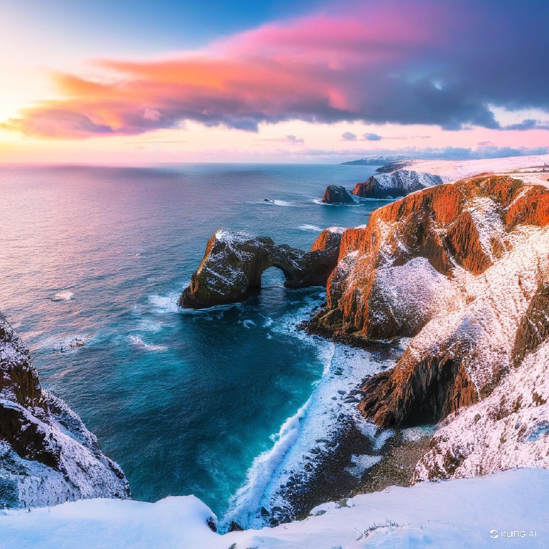 #Bing_Wallpaper超现实的冬季海景位于世界尽头，康沃尔兰兹角被白雪覆盖的悬崖，戏剧性拱形岩石从如梦似幻的海洋中出现，金橙色的日落为冰冷的景观投射出温暖的光辉，深蓝色海洋与白雪形成鲜明对比，崎岖地带上有薄霜的植被点缀，宁静却庄严的氛围，电影般非常细致的视觉风格，捕捉自然的迷人美丽与力量