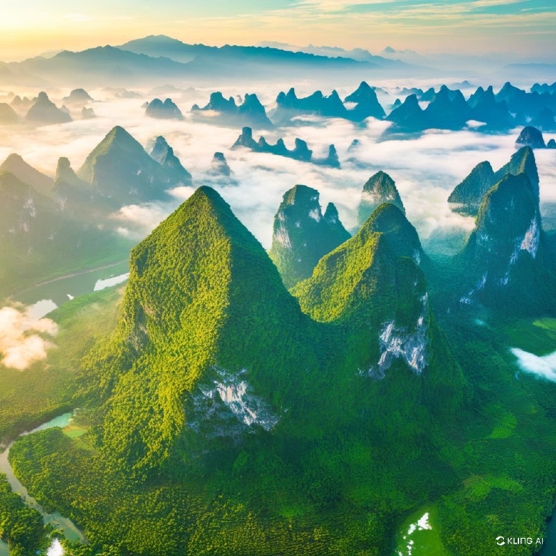 #Bing_Wallpaper沐浴在日出金色光辉中的壮丽喀斯特山峰，展现了中国桂林广西绿意盎然的绝美景观的震撼俯瞰图