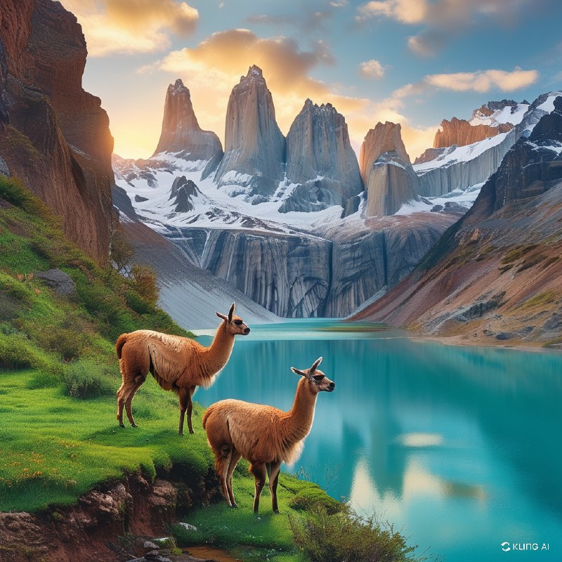 #Bing_Wallpaper"在智利托雷斯德尔潘恩国家公园日出时的壮丽全景，画面中有两只优雅的原驼栖息在草坪峭壁上