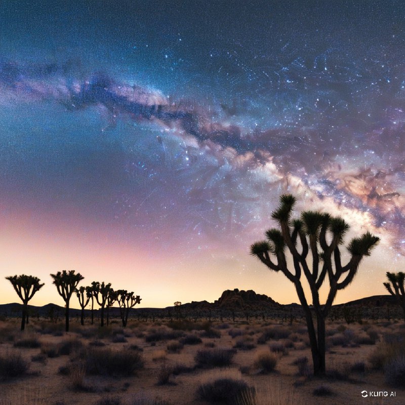 #Bing_Wallpaper在加利福尼亚荒野中，一片超凡脱俗的沙漠景观笼罩在迷人的银河光辉之下，天空中星辰繁密，色彩斑斓，弧形的银河壮丽地跨越在剪影般的约书亚树上方