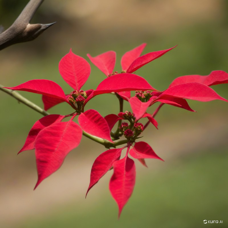 #Bing_Wallpaper"特写镜头下，一枝盛开的圣诞花被鲜红的苞片和小花蕾点缀