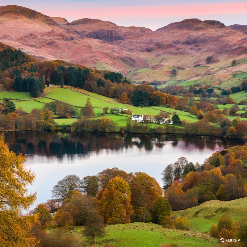 秋季的英格兰湖区格拉斯米尔风景宁静如画，平静的湖面倒映着秋叶的缤纷色彩，翠绿的草地和连绵起伏的山丘在粉色的天空下交相辉映