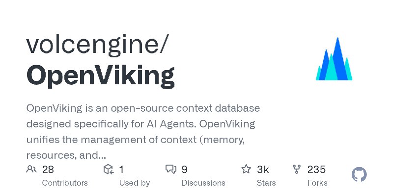 GitHub - volcengine/OpenViking: OpenViking is an open-source context database designed specifically for AI Agents. OpenViking unifies…