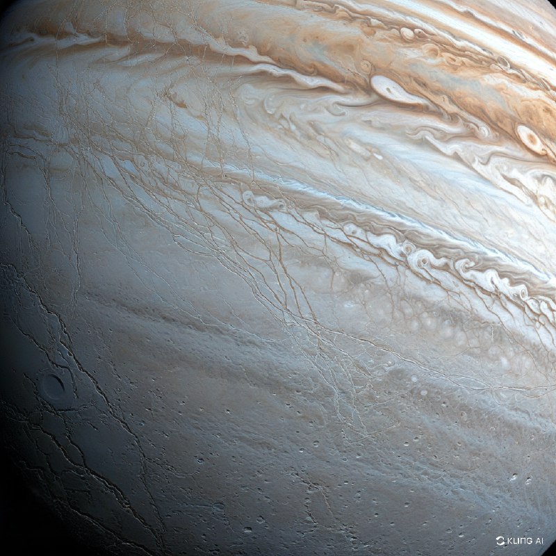 木星的冰质卫星欧罗巴的细致逼真的描绘，在太空背景下展示了其龟裂的冰质表面以及复杂的脊线细节