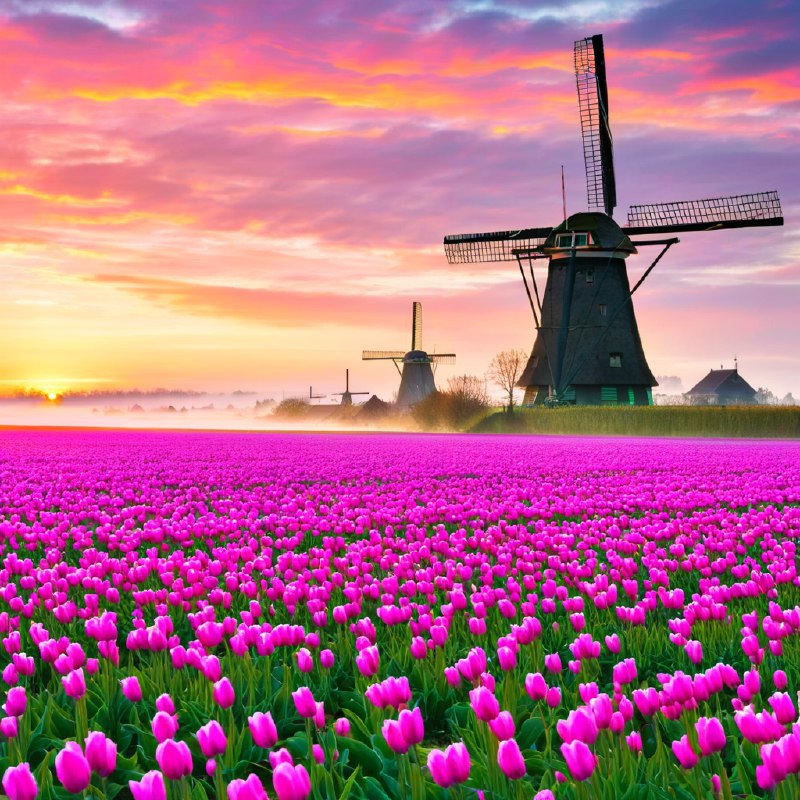 #Bing_Wallpaper“辽阔的田野上盛开着粉色和洋红色的郁金香，一望无际地延伸至地平线，在日出的晨曦下，天边呈现出绚烂多彩的光影——明亮的金黄与紫色交织在柔和的晨雾中