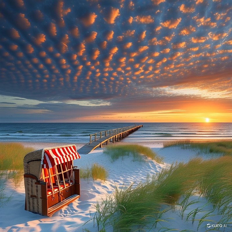 #Bing_Wallpaper波罗的海海滩日落的田园风光，展现了一排排传统的藤编沙滩椅，上方覆盖着红白条纹的顶篷，整齐地摆放在洁白无瑕的沙滩上