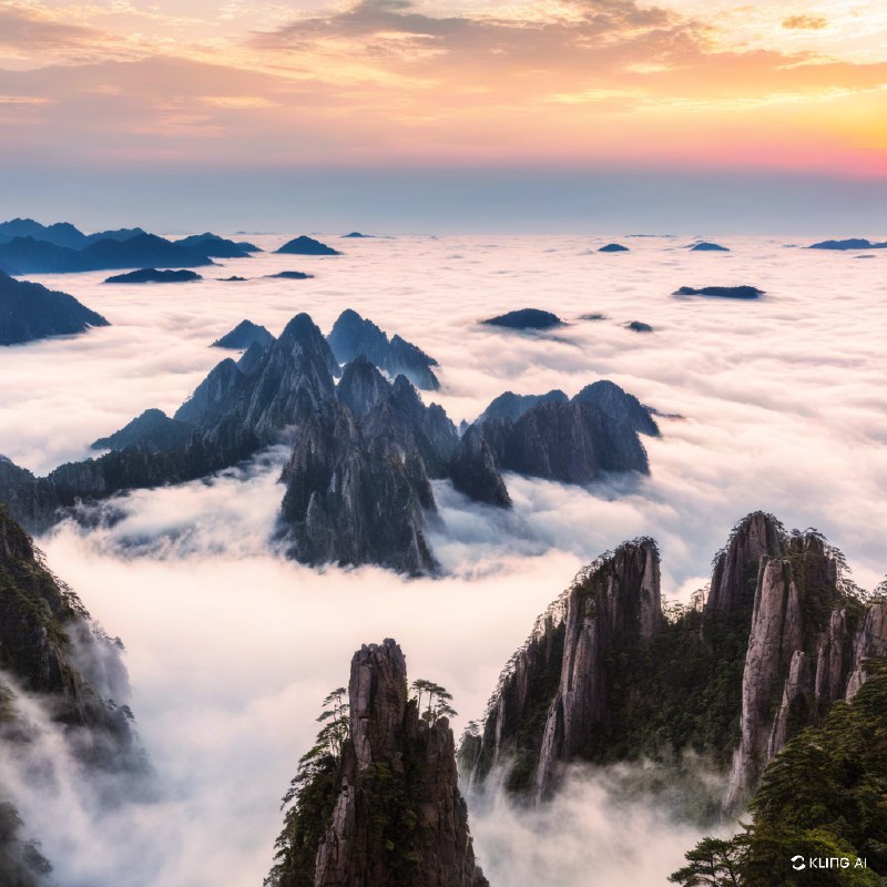 中国黄山的壮丽景色，日出时分，崎岖的山峰上云海翻滚，金色的天空在薄雾中投射出温暖的光芒