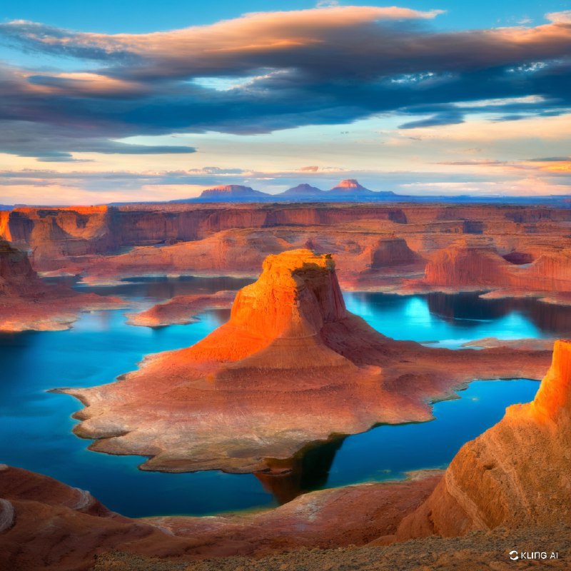 #Bing_Wallpaper"美国犹他州鲍威尔湖畔的阿尔斯特罗姆角，那辽阔而令人震撼的景致：金橙色的砂岩悬崖在夕阳的温暖光辉下熠熠生辉，长长的影子洒落在崎岖的地形上；湖水深沉宁静的湛蓝色与岩石炽烈的色调形成鲜明对比；远方的台地和平顶孤峰延绵至地平线，在天际下层次丰富的云层中展开，云朵呈现蓝、灰以及柔和桃色的交叠变化；悬崖上风化纹理与沉积层次的尖锐细节清晰可见；整个画面弥漫着一种静谧却雄伟的气息，唤起沉思与敬畏，描绘了一个具备高清晰度和现实感的电影级自然意境