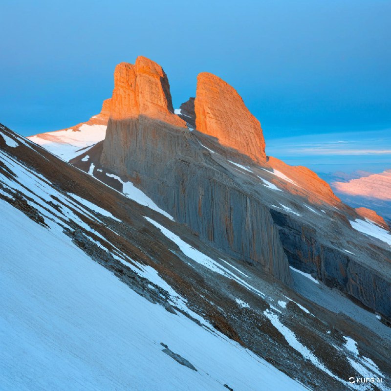 #Bing_Wallpaper黎明时分雄伟的山口，灵感来源于西班牙佩尔迪多山国家公园的罗兰多峡谷；崎岖的悬崖在日出第一缕光辉的照耀下呈现温暖的橙色色调，与寒冷的冰雪和覆盖霜冻的岩石坡面形成鲜明对比；戏剧性的天空融汇深蓝的柔和色调与微妙的灰色层次，营造出宁静却令人叹为观止的高山氛围；凹凸分明的石块、风化的岩壁以及闪耀的雪原呈现出高度细致的质感；电影感的构图，广角视野，缥缈的光线从高耸的悬崖间倾泻而下，唤起一种冒险精神和自然的宏伟之美