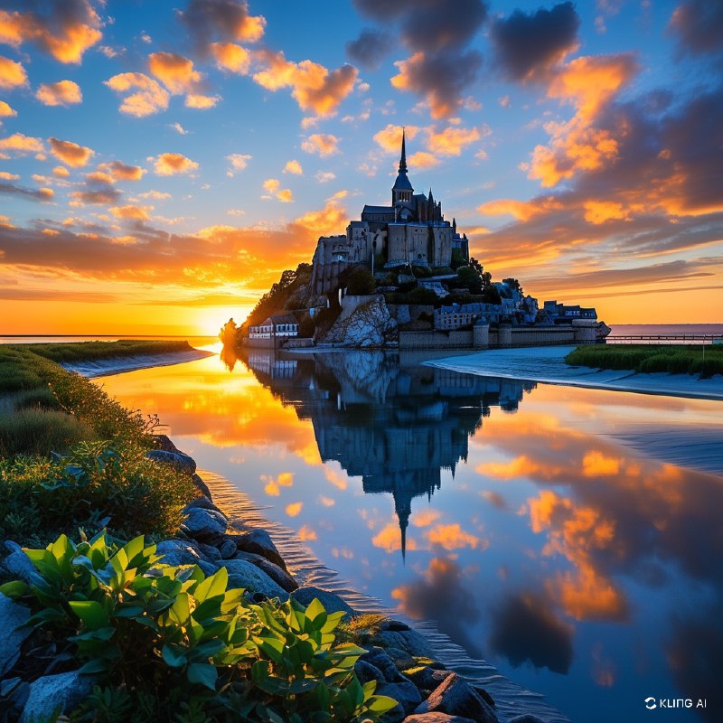 #Bing_Wallpaper在梦幻般的暮色中，创造蒙特圣米歇尔的图像，捕捉它那超凡脱俗的美