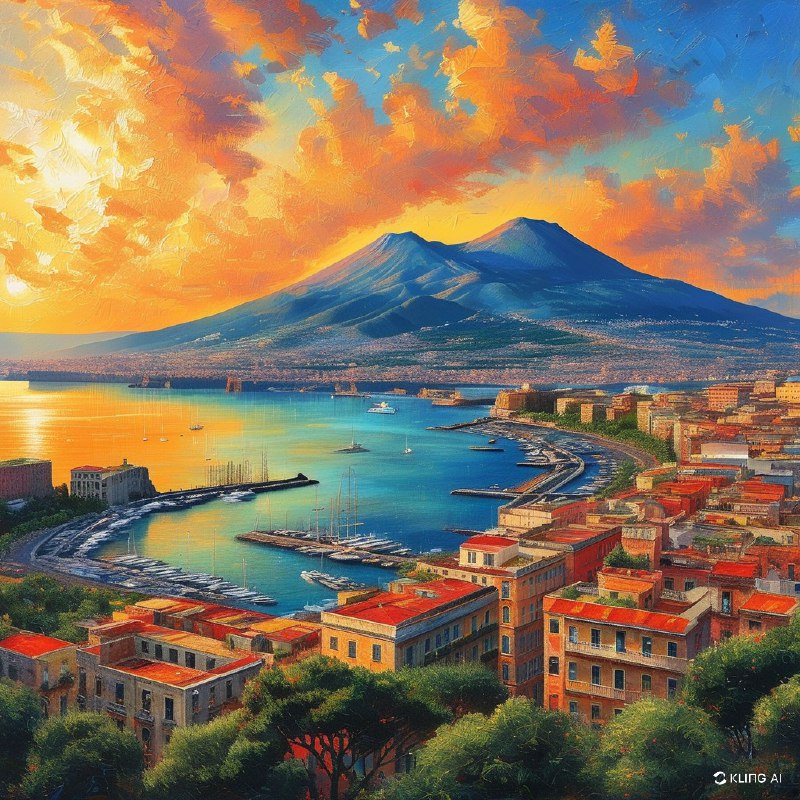 #Bing_Wallpaper“意大利那不勒斯湾的全景生动地展现在眼前，沐浴在夕阳天空温暖的金色光辉中