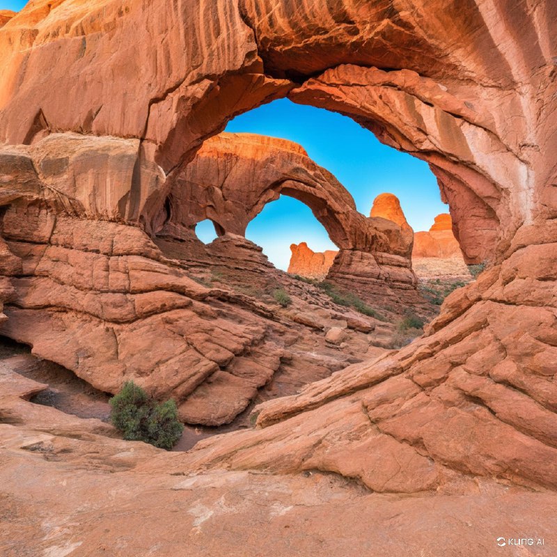 透过一个巨大的天然石拱门，远处的另一组拱门展现在眼前，令人叹为观止，这组拱门位于美国犹他州拱门国家公园内