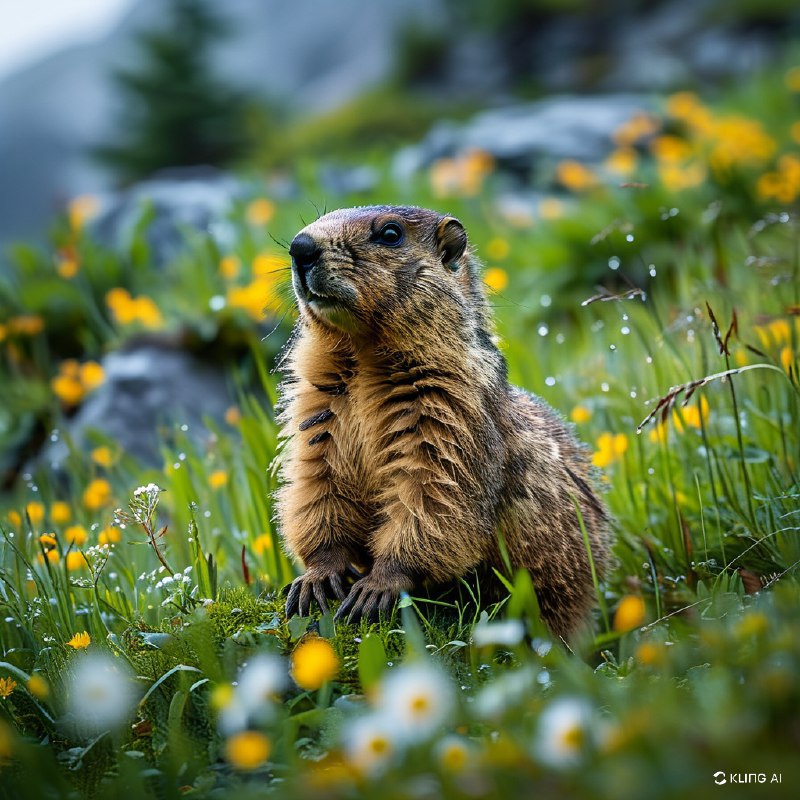 #Bing_Wallpaper一只好奇的年轻高山土拨鼠直立在一片郁郁葱葱的翠绿草地中，草地上点缀着野花和茂盛的高草，背景是柔和模糊的岩石露头和远处的绿色植被