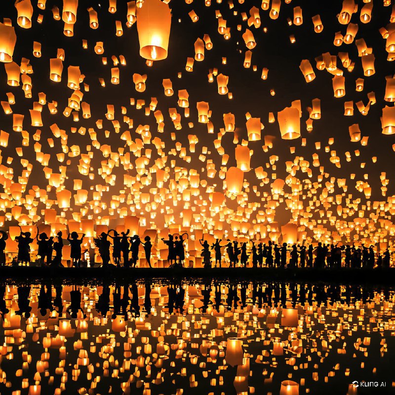 夜幕降临，数以千计的灯笼闪闪发光，照亮天空，映照在水面上，呈现出一派生机勃勃的节日景象