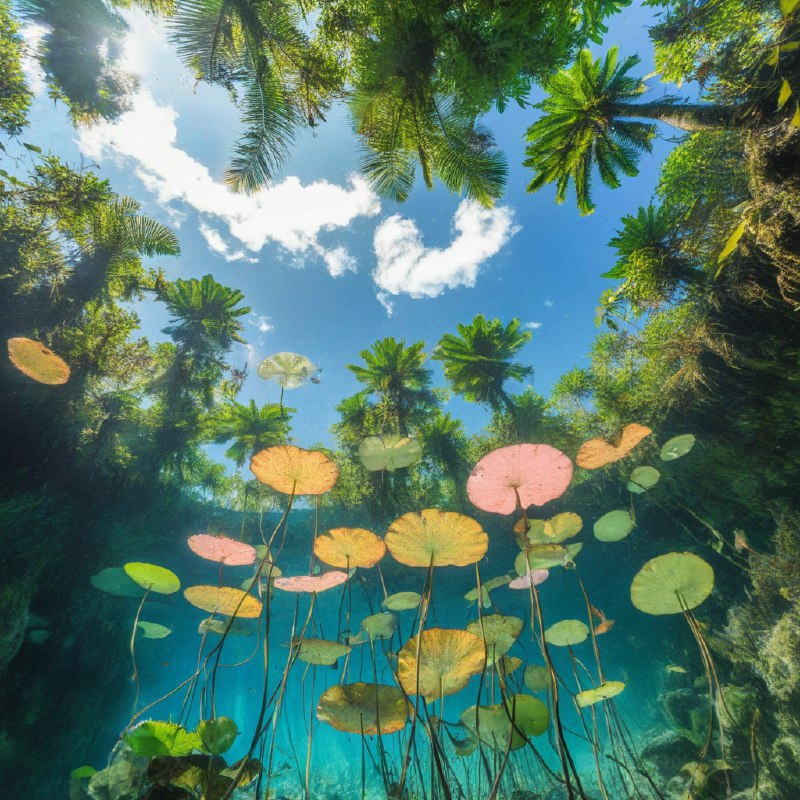 #Bing_Wallpaper“这是一幅迷人的水下视角画面，展现了墨西哥图卢姆一处天然天坑的景象，被热带绿洲的精致倒影所环绕点缀