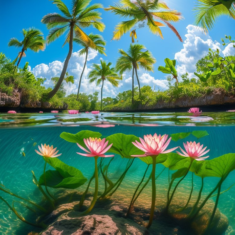 #Bing_Wallpaper“这是一幅迷人的水下视角画面，展现了墨西哥图卢姆一处天然天坑的景象，被热带绿洲的精致倒影所环绕点缀