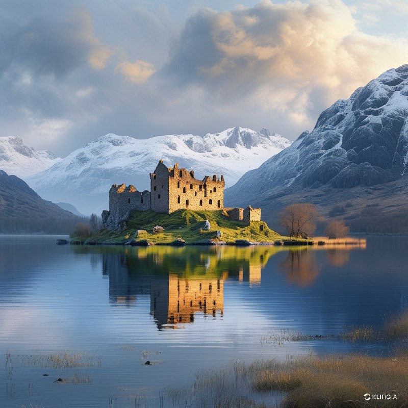 #Bing_Wallpaper“一座孤独的中世纪石堡静静矗立在洛奇湖宁静水域中央的一座小草地岛屿上，周围环绕着苏格兰高地飘渺的自然美景