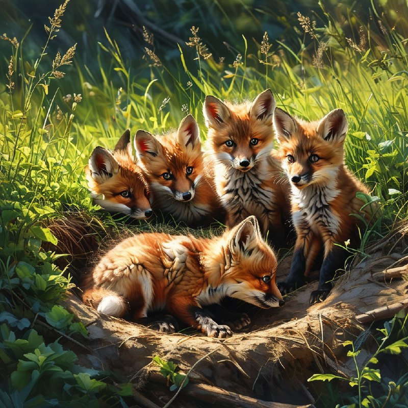 #Bing_Wallpaper一群顽皮的红狐狸幼崽在它们泥土色的巢穴附近嬉戏，周围环绕着茂密的青草和柔软的野生植物